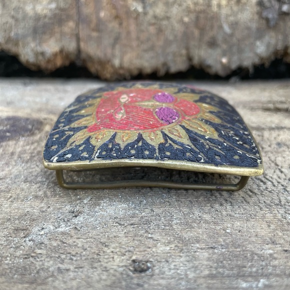 Vintage Handcast Brass Belt Buckle Boho Hippie Botanical & Lion Animal Figural - Picture 6 of 11